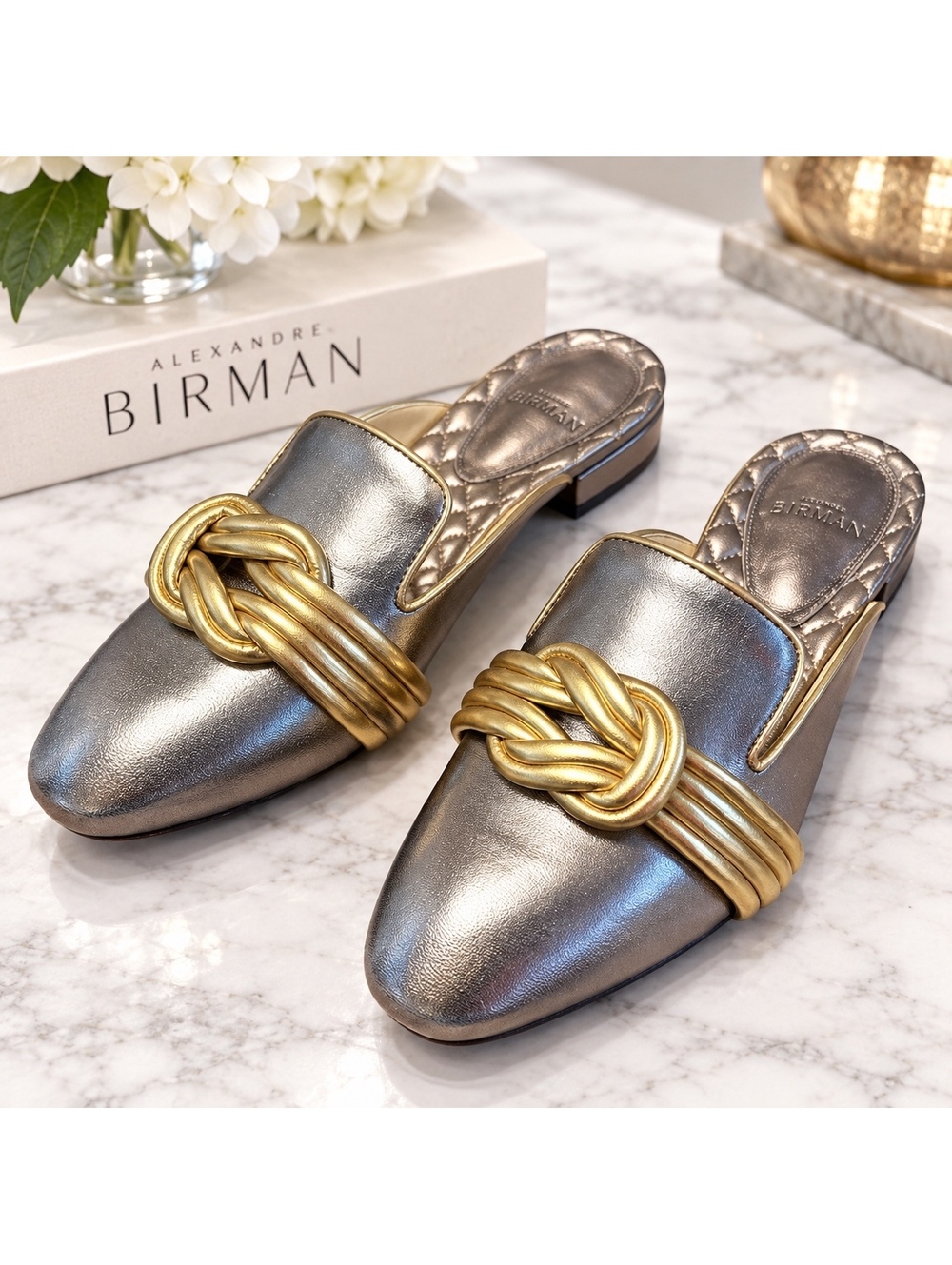 Alexandre Birman Vicky Metallic Leather Mules 38.5 Silver Gold Knot Flats